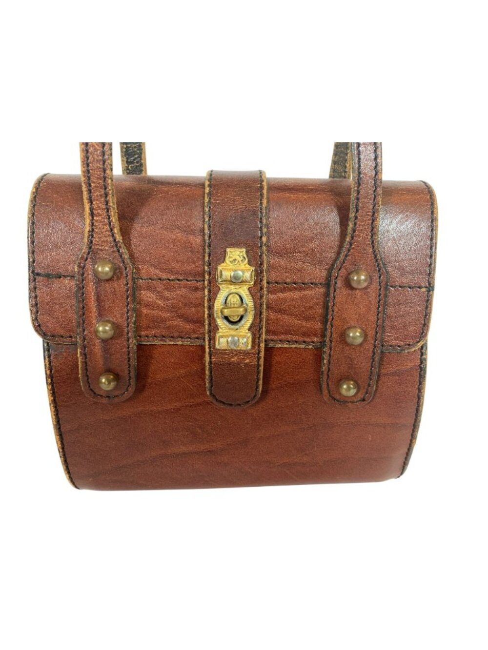 Vintage Leather Purse Bag Handbag Brown Gold Trim Lion Mod 60s 70s - Picture 2 of 9